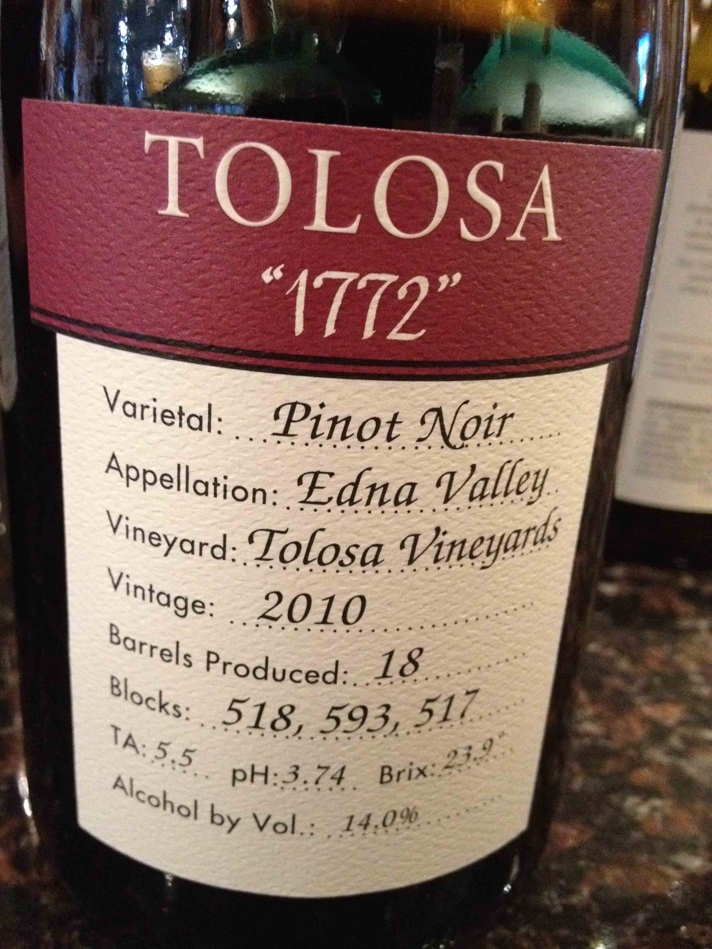 TOLOSA – « 1772 » Pinot Noir 2010 – Edna Valley – South Coast