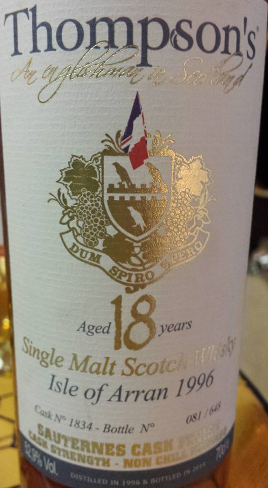 Thompson’s Arran 1996 – 18 Years Old Sauternes Cask 1834 – Single Malt Scotch Whisky – Isle of Arran